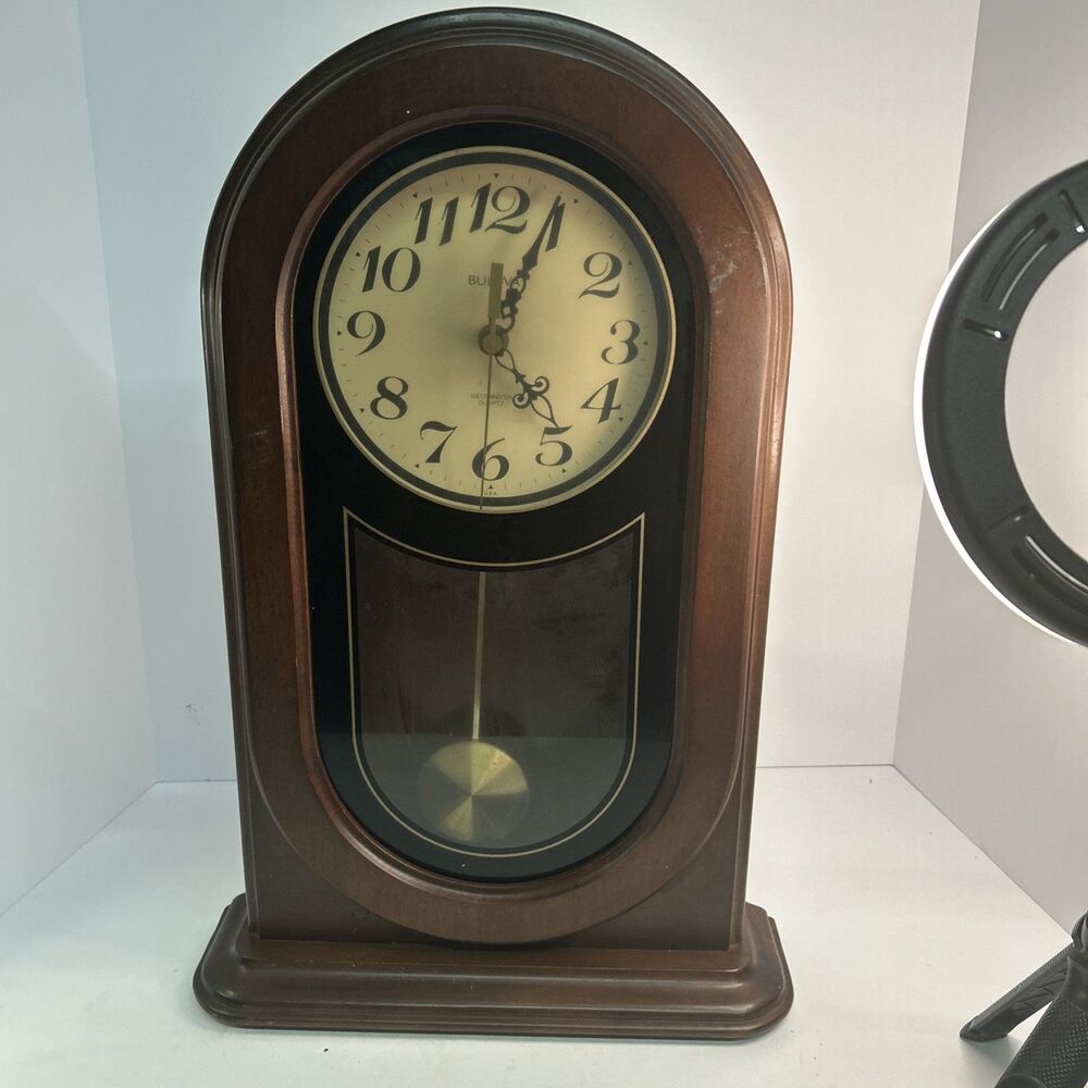 Vintage Bulova Westminster Quartz Mantel Clock Wooden Arched Pendulum Chime